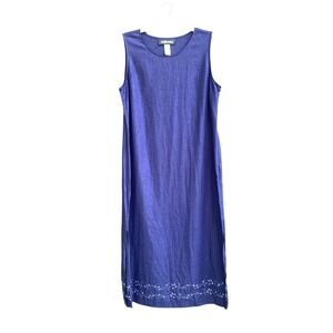 Sag Harbor Dress Womens 16 Blue Sleeveless Linen Rayon Shift Embroidered Midi